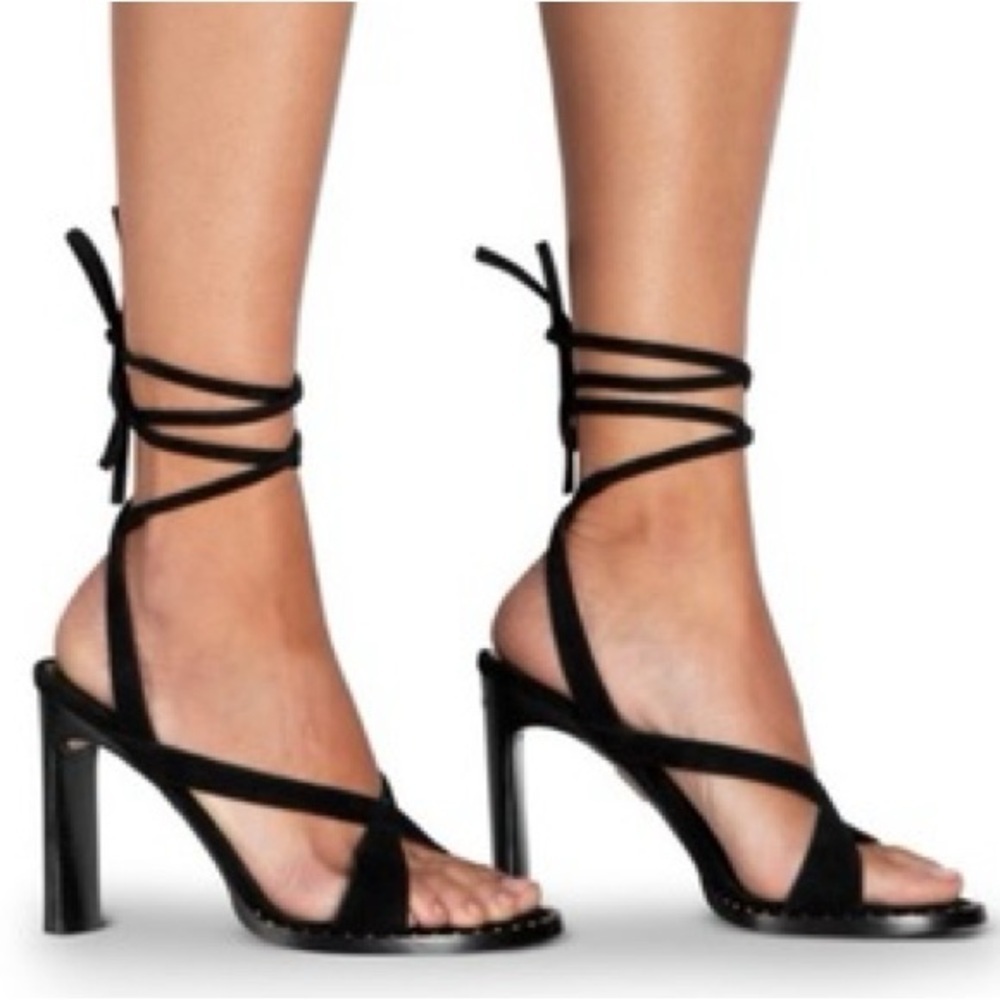 New Tamara Mellon Terra 100 Suede Studded Wrap Around Sandals Heels Black 38.5